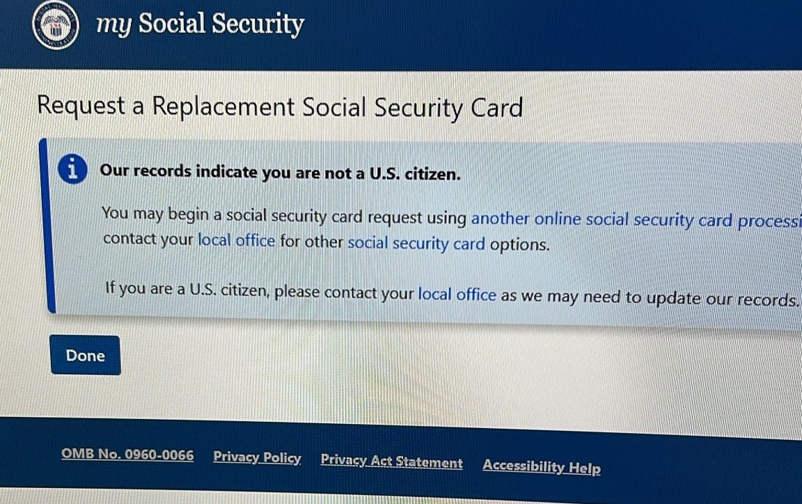 Screenshot of the 'my Social Security' website indicating that the user is not a U.S. citizen and providing instructions for requesting a replacement Social Security card.
