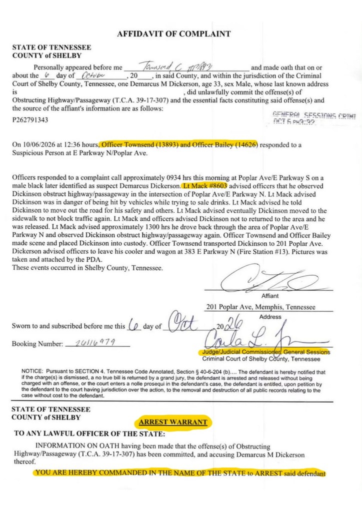 Affidavit of Complaint document from the State of Tennessee, County of Shelby, detailing an arrest warrant against Demarcus M. Dickerson for obstructing a highway/passageway. Includes officer names, incident details, and legal notices.